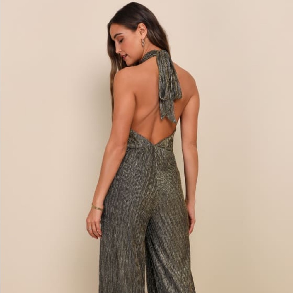 Elegant Dazzle Metallic Gold Halter Wide-Leg Jumpsuit